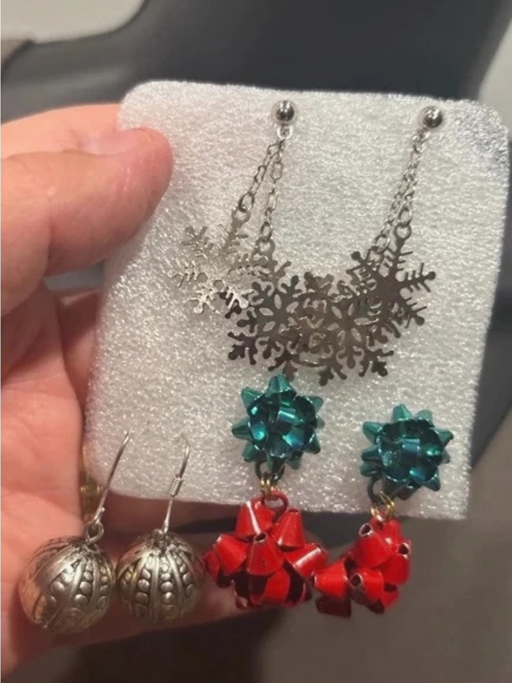 Festive Snowflake & Gift Bow Earrings Set - Silver, Red, Teal
